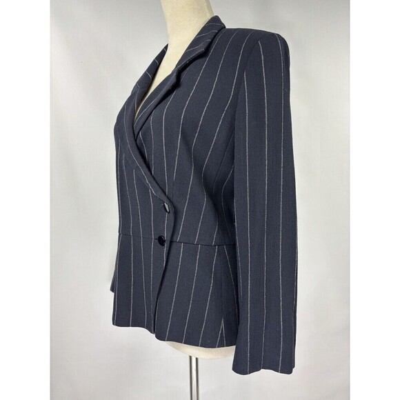 Armani Collezioni Blazer Navy Blue Pinstripe Chalk Stripe 8 Asymmetrical Pocket - Picture 12 of 12